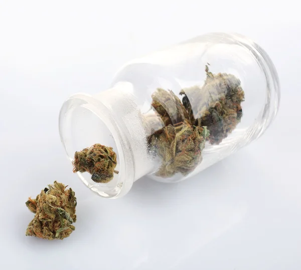 Cannabis medicinal seco en frasco aislado en blanco — Foto de Stock