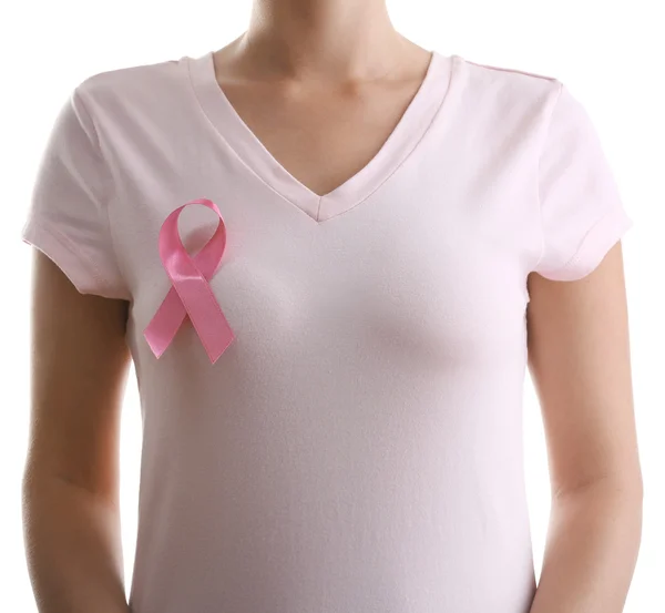 Mujer con sida conciencia cinta rosa — Foto de Stock