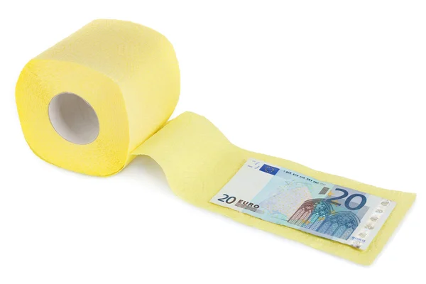 Рулон светло-желтой туалетной бумаги и банкноты евро — стоковое фото