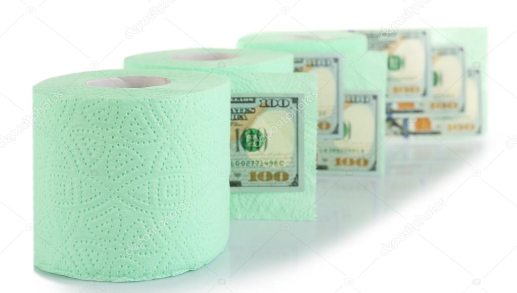 Light green rolls of toilet paper and dollar banknotes
