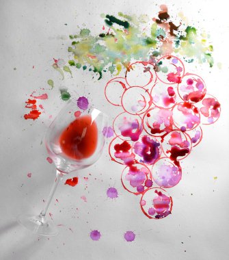 Üzüm şarap ve suluboya ve Kağıt arka plan üzerine dökülen şarap kadehinin boyalı