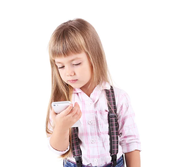 Vacker liten flicka med mobiltelefon — Stockfoto