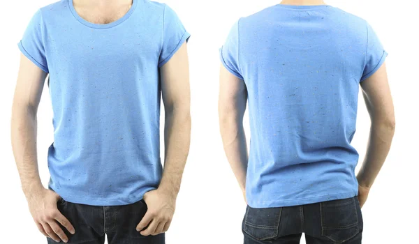 T-shirt op jonge man vooraan en achter geïsoleerd op wit — Stockfoto