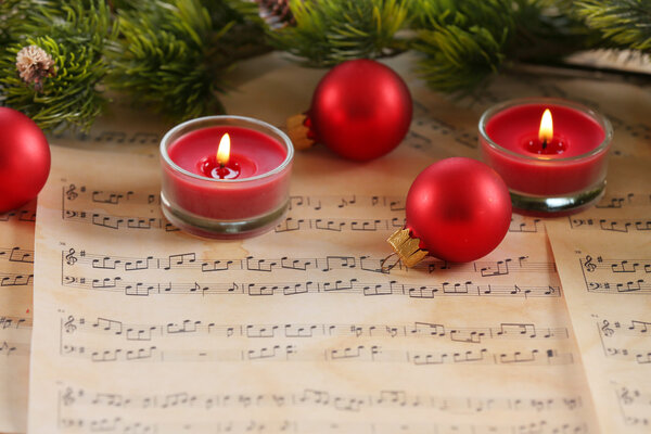 Christmas decorations on music sheets