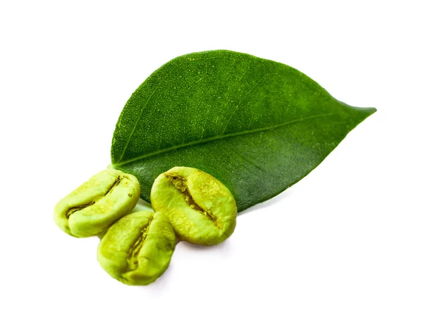 Green coffee beans with leaf isolated on white — Stock Photo, Image