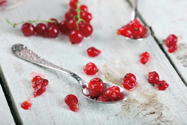 Fresh red currants on wooden table close up — Stock Photo, Image