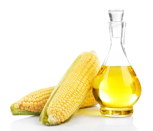 Fresh corn with bottle of oil isolated on white — Stock Photo, Image