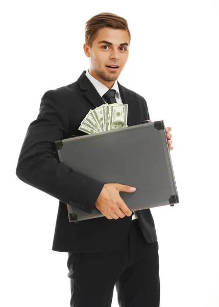 Elegant man holding case with money isolated on white — Stock Photo, Image