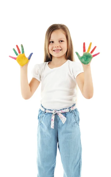 Liten flicka med händerna i paint, isolerad på vit — Stockfoto