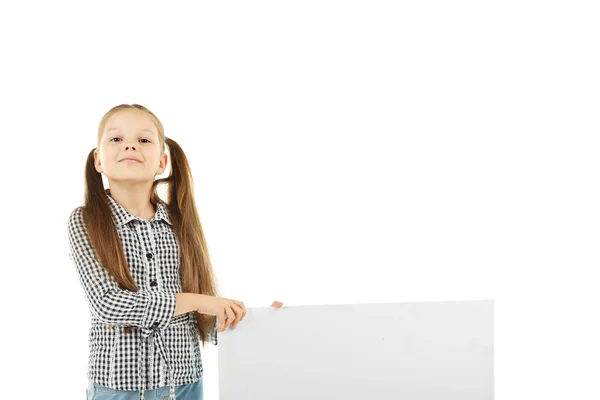 Criança pequena com placa isolada em branco — Fotografia de Stock