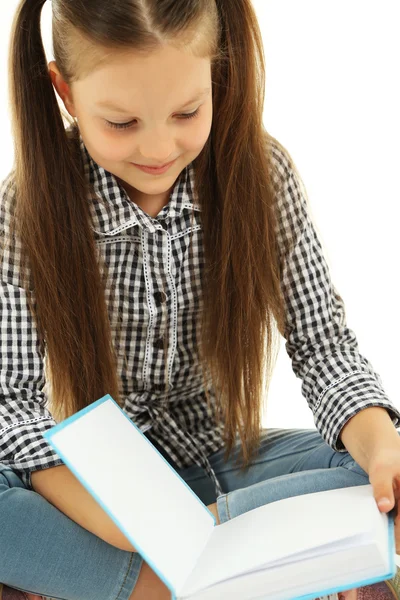 Menina bonita com livro, isolado em branco — Fotografia de Stock