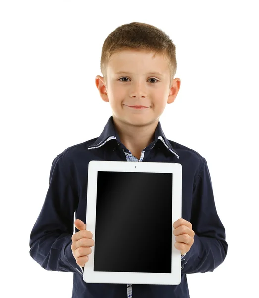 Menino bonito com tablet digital, isolado em branco — Fotografia de Stock