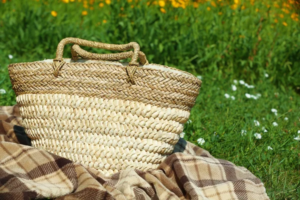 Cesto di vimini e plaid per pic-nic — Foto Stock