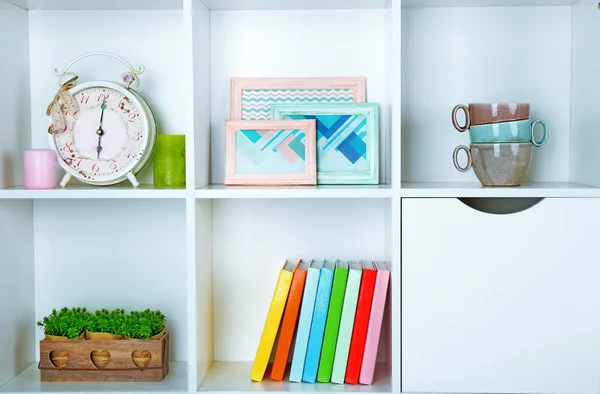 Shelves with different home objects — Stock Photo, Image