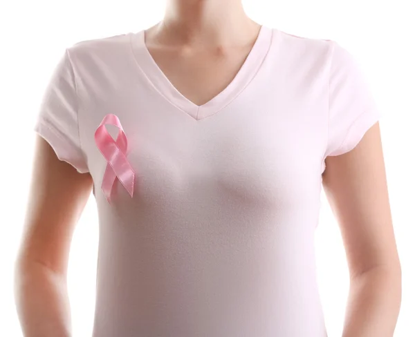 Kobieta z aids świadomości różowa wstążka — Zdjęcie stockowe
