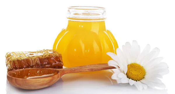 罐蜂蜜、 木勺和蜂窝 — 图库照片