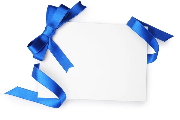 Card with dark blue satin ribbon isolated on white — Stock Photo, Image