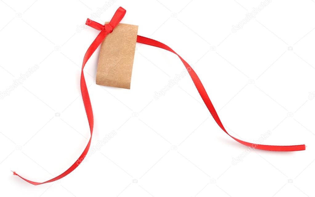 Blank gift tag with bow isolated on white Stock Photo by ©belchonock