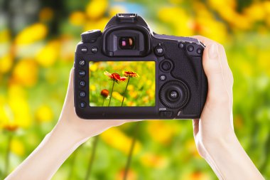 Fotoğrafçı ile iş yerinde fotoğraf makinesi