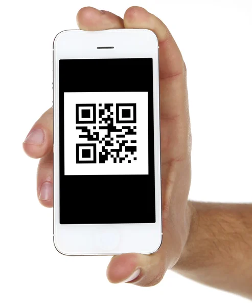 Hand holding smart phone with QR code on screen — Stock Photo, Image