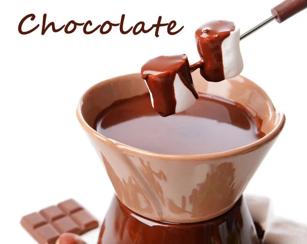 Chocolate fondue with marshmallow candies — Stock Photo, Image