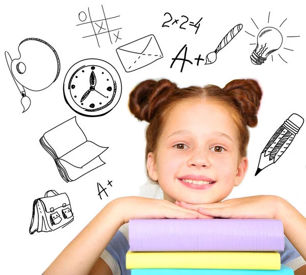 Petite écolière avec des icônes scolaires, isolée sur blanc — Photo