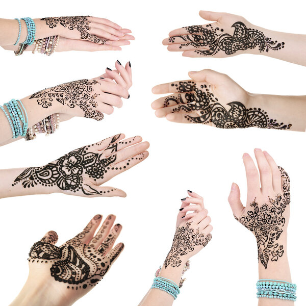 Collage with hands painted with henna