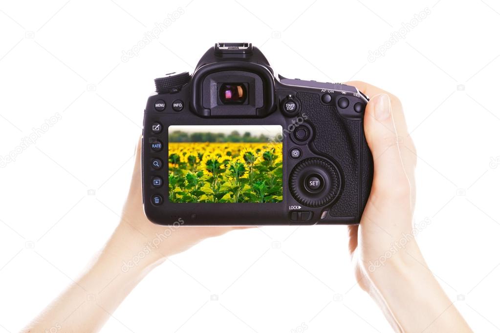 Photographer with camera at work, isolated on white