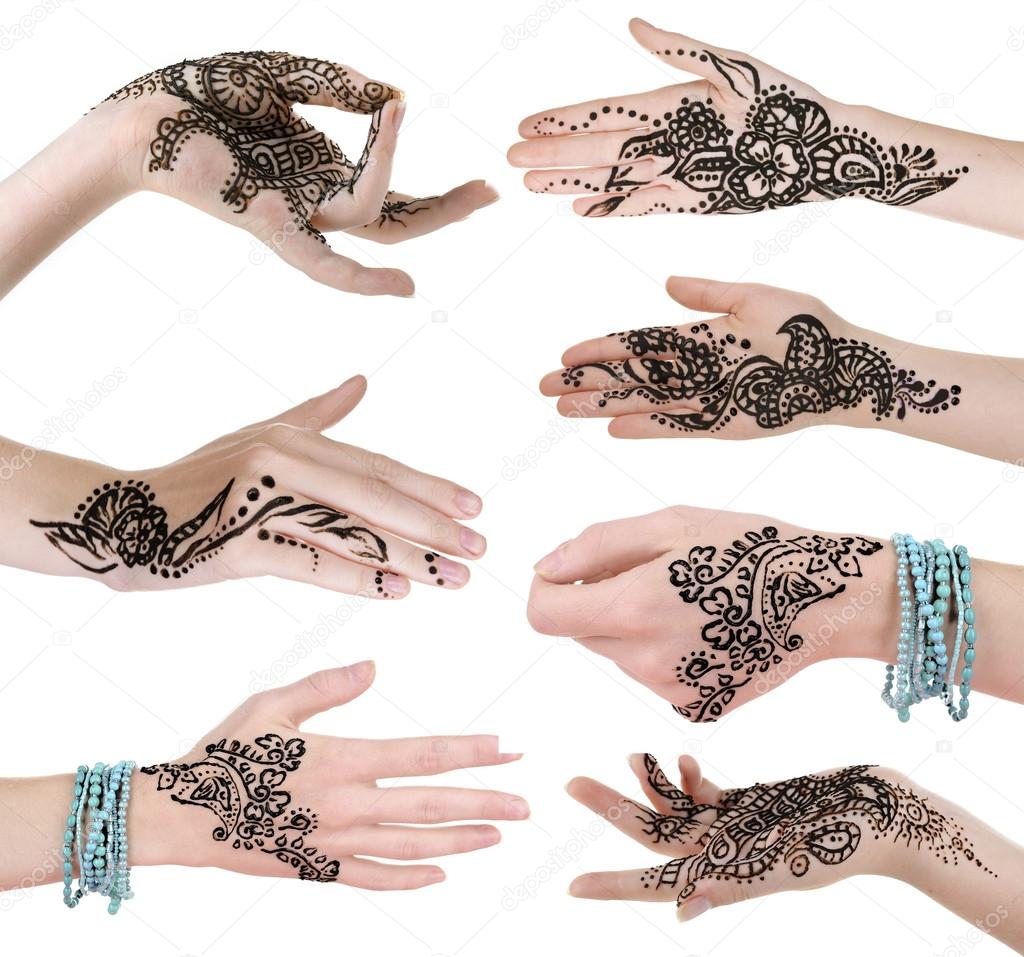 Collage with hands painted with henna