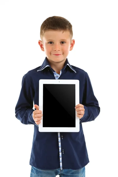 Prachtige kleine jongen met digitale tablet, geïsoleerd op wit — Stockfoto