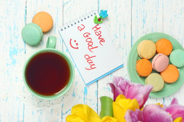 Komposition mit Guten Morgen Draufsicht auf Holzgrund — Stockfoto