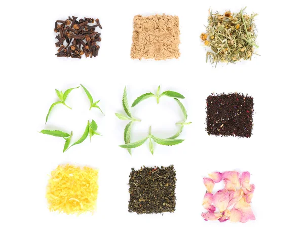 Varios tipos de té de hierbas y hierbas aisladas en blanco — Foto de Stock