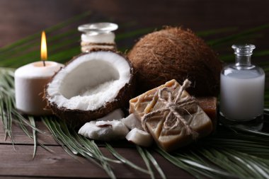 Spa Hindistan cevizi ürünleri koyu ahşap arka plan üzerinde