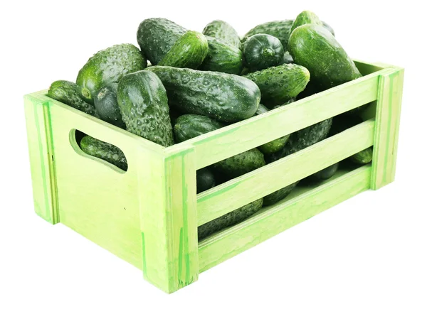 Ripe cucumbers in wooden box isolated on white — Stock Photo, Image