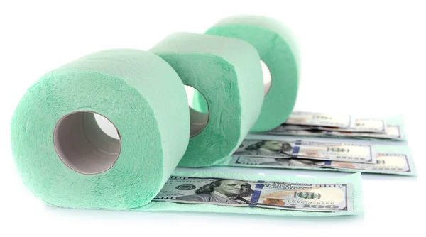 Rollos verdes claros de papel higiénico y billetes de dólar aislados en blanco — Foto de Stock