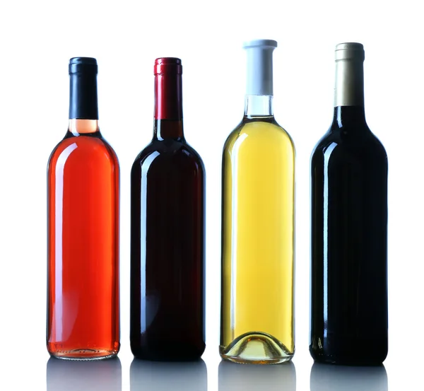 Conjunto de diferentes garrafas de vinho isolado no fundo branco — Fotografia de Stock