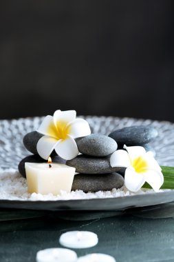 Natürmort koyu arka plan üzerinde spa taşlarla