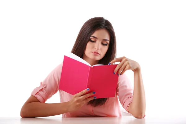 Jovencita leyendo libro aislado en blanco —  Fotos de Stock