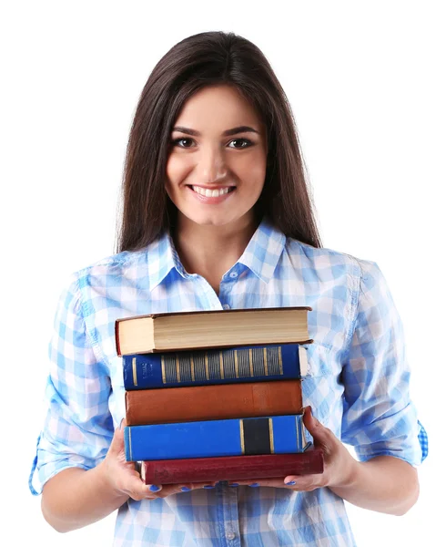 Young girl with books isolated on white — Stock Photo, Image