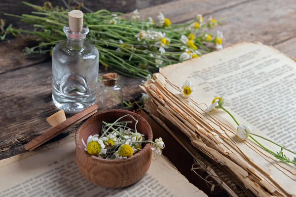 Livro velho com flores secas em argamassa na mesa de perto — Fotografia de Stock