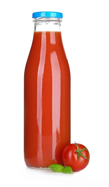 Glass bottle of tomato juice isolated on white — Stock Photo, Image