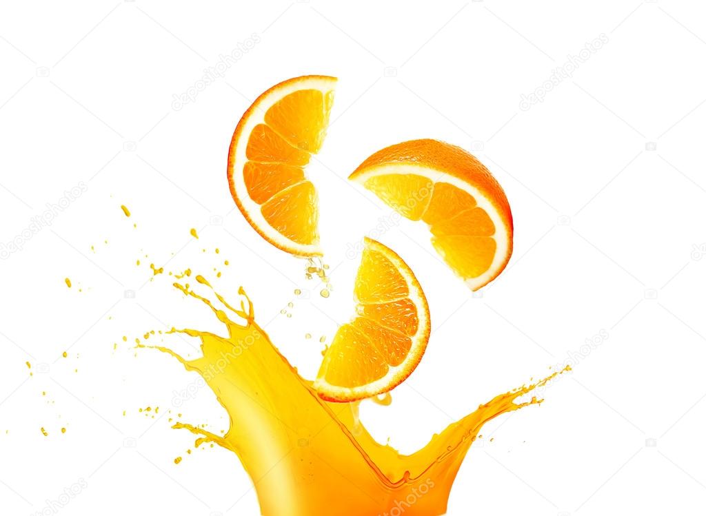 Orange with splashes isolated on white
