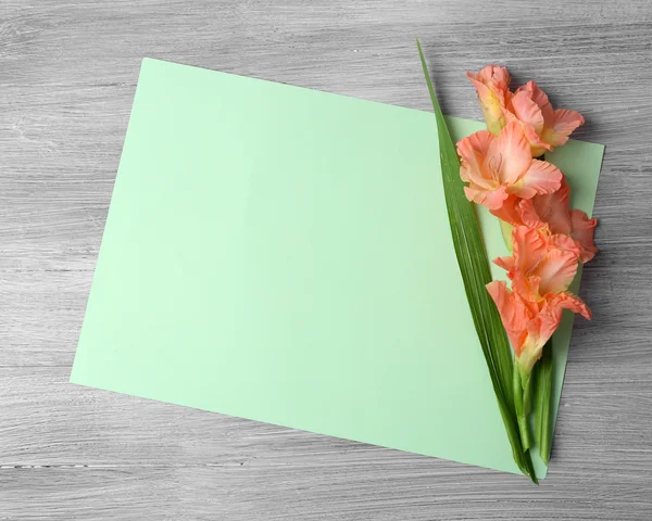 Tarjeta en blanco con hermoso gladiolo sobre fondo de madera —  Fotos de Stock