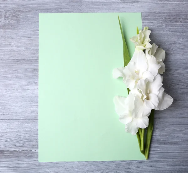 Blank card with beautiful gladiolus on wooden background — Stock Photo, Image