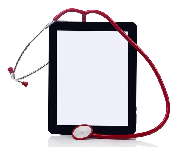 Blank tablet and stethoscope isolated on white — Stock Photo, Image