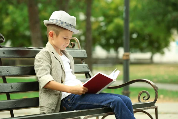 Malý chlapec čtení knihy na lavičce v parku — Stock fotografie