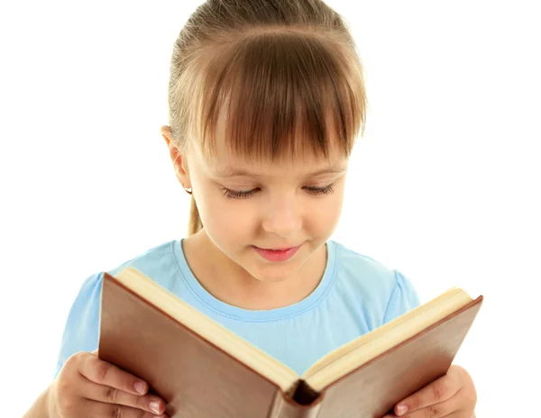 Bella bambina con libro, isolata su bianco — Foto Stock