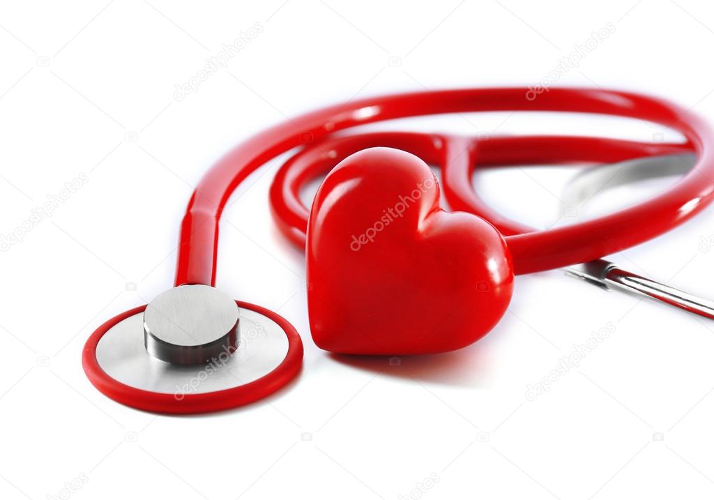 red stethoscope with heart isolated on white