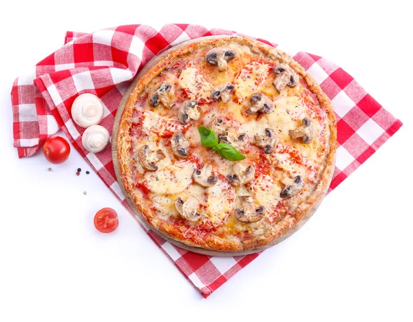 Sabrosa pizza con verduras y servilleta aislada en blanco —  Fotos de Stock