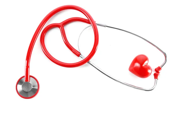 Rode stethoscoop met hart geïsoleerd op wit — Stockfoto